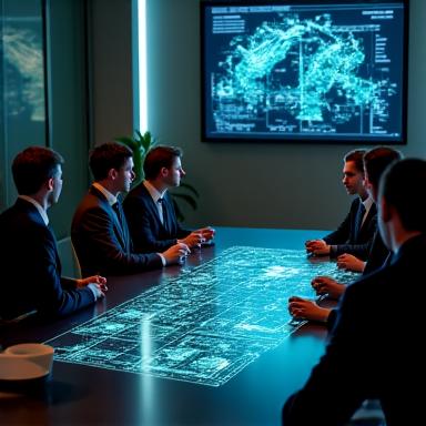 Business professionals in a modern office collaborating around abstract blockchain network graphics, symbolizing consulting.