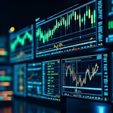 Digital interface displaying candlestick charts, financial graphs, and algorithmic trading scripts on multiple screens.